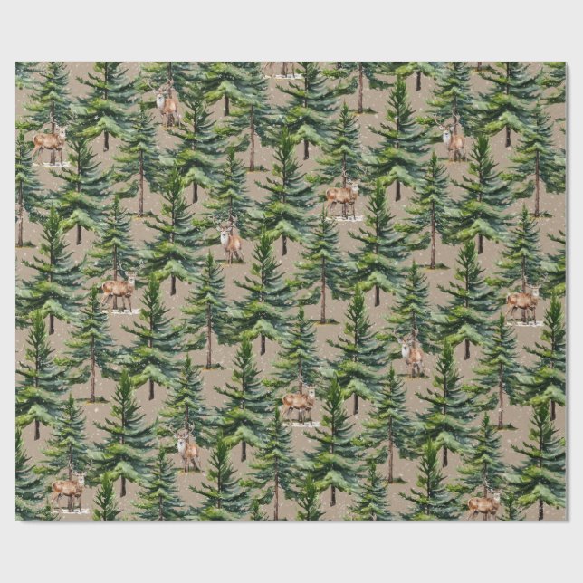 Papier Cadeau Bois d'hiver Fir Tree Forest Stade Deer Kraft (Plat)