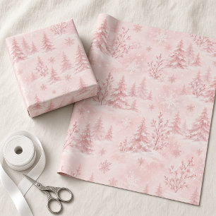 Papier Cadeau Bois enneigés rose pâle Paysage hivernal merveille
