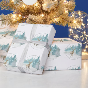 Papier Cadeau Bois Hiver Aquarelle Cerf Noël