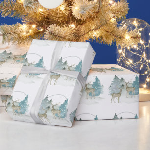 Papier Cadeau Bois Hiver Aquarelle Cerfs Noël