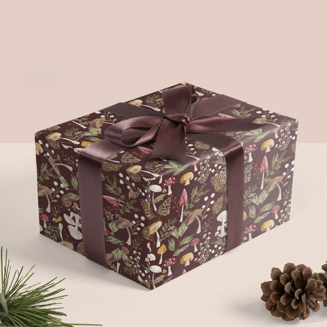 Papier Cadeau Bois rustique Aquarelle Woodland Forêt de champign (Rustic Woodland Watercolor Woodsy Mushroom Forest Wrapping Paper Burgundy)