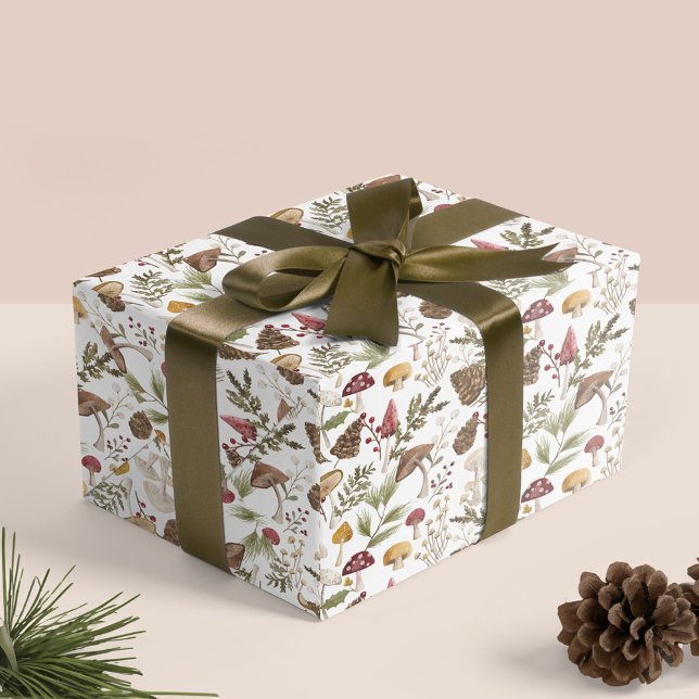 Papier Cadeau Bois rustique Aquarelle Woodland Forêt de champign (Rustic Woodland Watercolor Woodsy Mushroom Forest Wrapping Paper White)