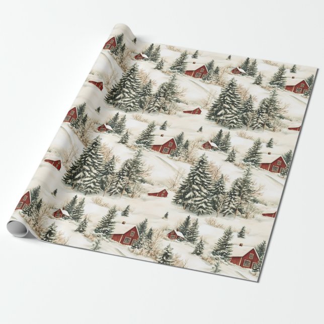 Papier Cadeau Bois rustique de Noël de l'hiver enneigé (Déroulé)
