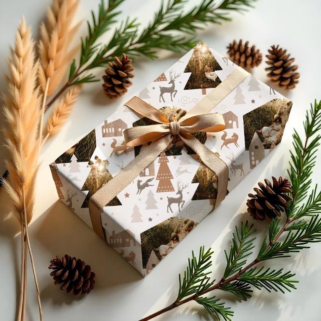 Papier Cadeau Bois, village de lapins et rennes 2 Photo (Woodland Foxes, Rabbit & Reindeer Village 2 Photo Wrapping Paper)