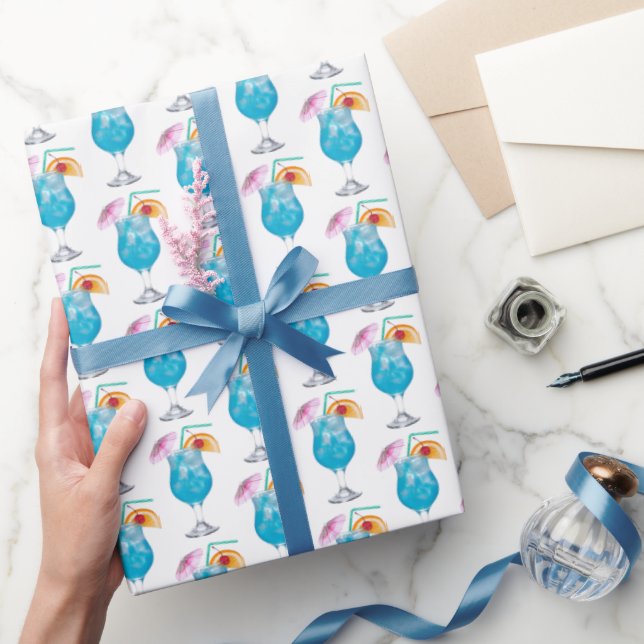 Papier Cadeau Boissons cocktail bleu sur blanc (Cadeaux)