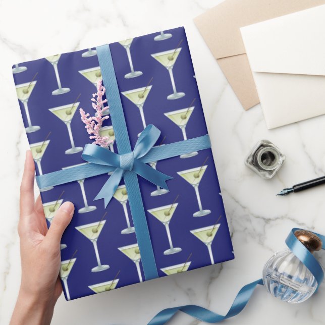 Papier Cadeau Boissons Martini sur fond bleu (Cadeaux)