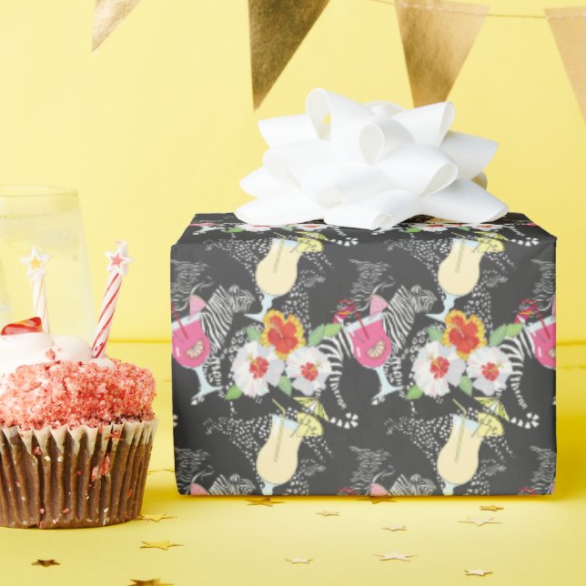 Papier Cadeau Boissons Tropicales Avec Animaux (Fête d'anniversaire)