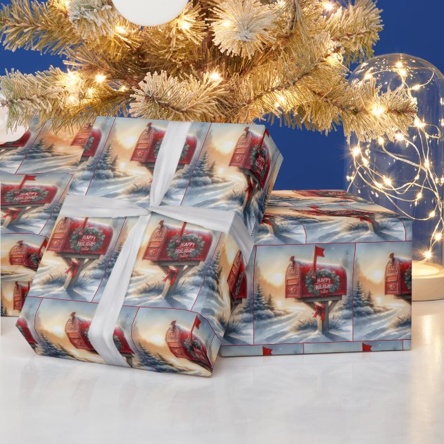 Papier Cadeau Boîte aux lettres de Noël rouge en neige (Vacances)