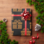 Papier Cadeau Boîtes cadeaux or sur noir<br><div class="desc">Un papier d'emballage noir et or très contemporain avec un motif de boîtes cadeaux en or avec des arcs en or sur le dessus,  éparpillé sur un arrière - plan noir.</div>