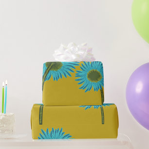 Papier Cadeau Bold Blue Daisy Art sur Mustard Yellow Arrière - p