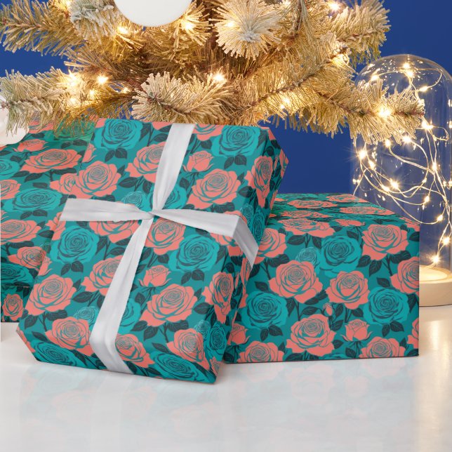 Papier Cadeau Boldly Stylized Roses In Shades Of Teal And Turquo (Vacances)