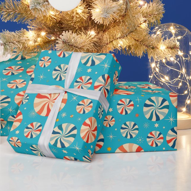 Papier Cadeau Bonbons de Noël rétro à la menthe bleus  (Vacances)