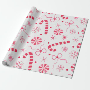 Papier Cadeau Bonbons de Noël rouges et roses avec rubans et nei