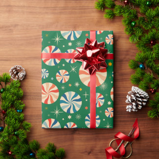 Papier Cadeau Bonbons de Noël Rouges et Verts Rétro Amusants Mod