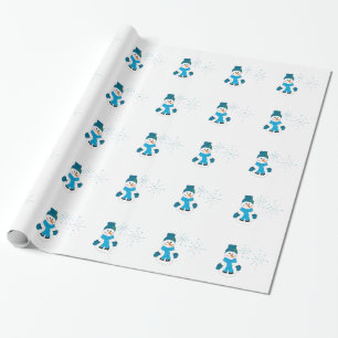 Papier Cadeau Bonhomme de neige avec chapeau bleu et écharpe