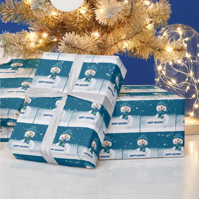Papier Cadeau Bonhomme de neige avec panneau JOYEUSES FÊTES (Vacances)
