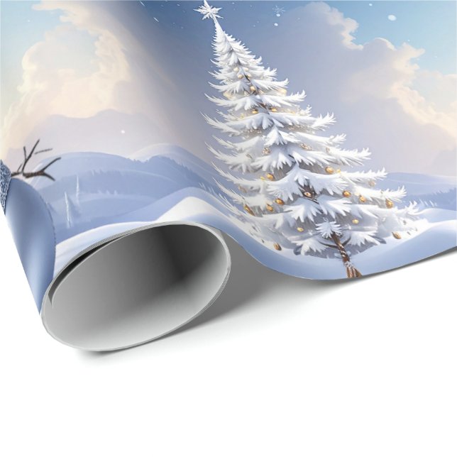 Papier Cadeau Bonhomme de neige chapeau bleu Noël arbre de fête (Coin rond)