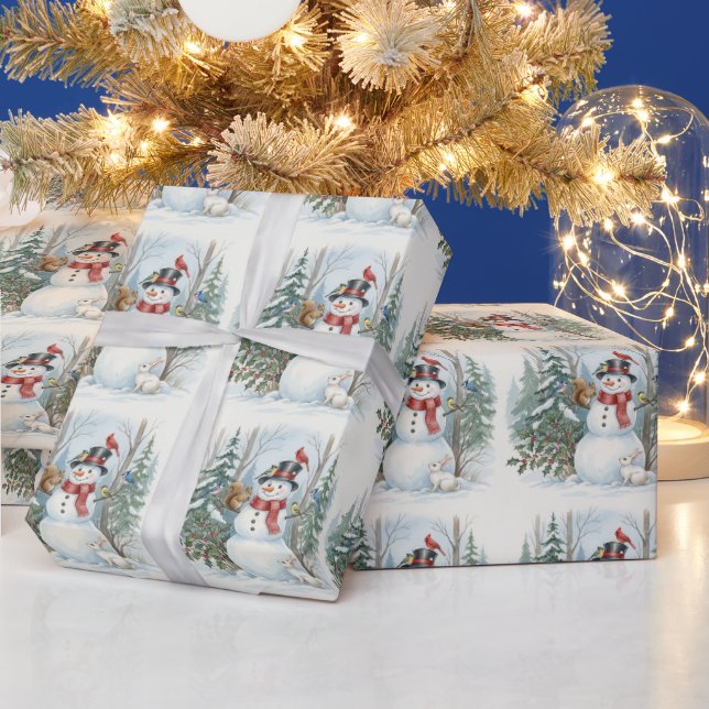 Papier Cadeau Bonhomme de neige de Noël avec animaux de la forêt (Vacances)