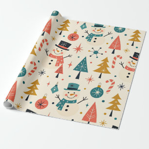 Papier Cadeau Bonhomme de neige de Noël rétro Art populaire scan
