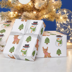 Papier Cadeau Bonhomme de neige et renne de Noël blanc