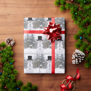 Papier Cadeau Bonhomme de neige heureux portant un chapeau haut 