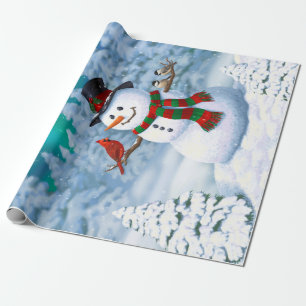 Papier Cadeau Bonhomme de neige joyeux de Noël & Oiseaux Scène h