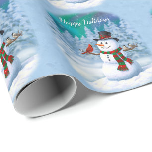 Papier Cadeau Bonhomme de neige joyeux de Noël & Oiseaux Scène h