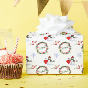 Papier Cadeau Bonhomme de neige joyeux et motif de couronnes fes