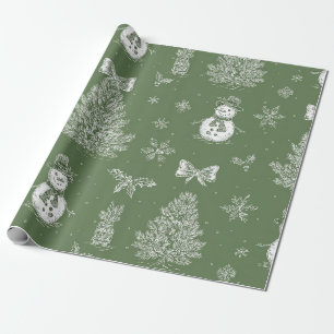 Papier Cadeau Bonhomme de neige vintage toile de Noël vert sauge