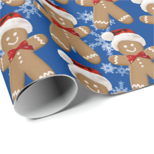 Papier cadeau bonhomme en pain d'épices et flocons