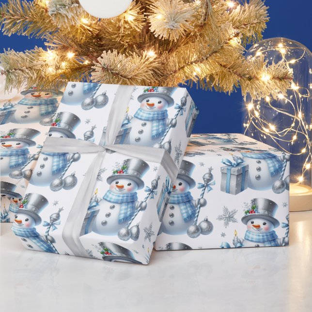 Papier Cadeau Bonhommes de neige argentés  (Vacances)