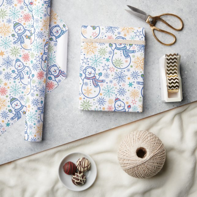 Papier Cadeau Bonhommes de neige bleus heureux (Artisanat)
