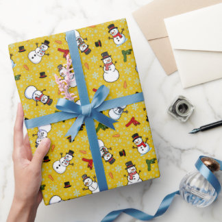 Papier Cadeau Bonhommes de neige et flocons de neige sur or