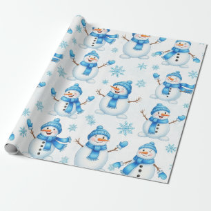 Papier Cadeau Bonhommes de neige joyeux et flocons de neige bleu