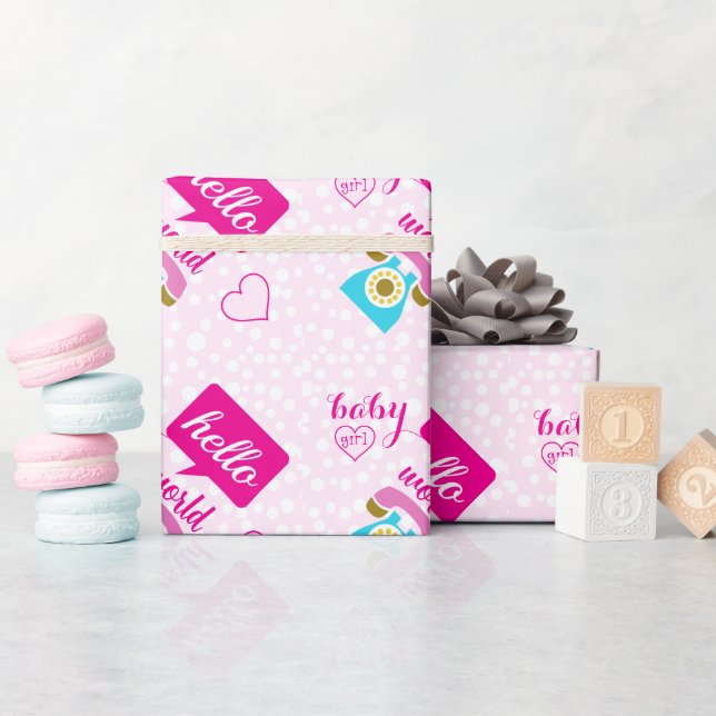 Papier Cadeau Bonjour mignonne fille de bébé rose ou personnalis (Baby Shower)