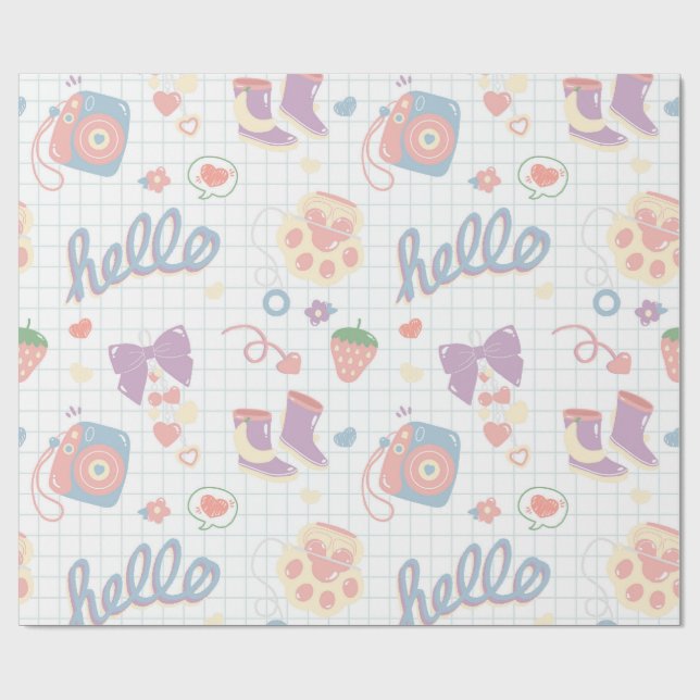 Papier Cadeau Bonjour! Motif de choses de fille (Plat)