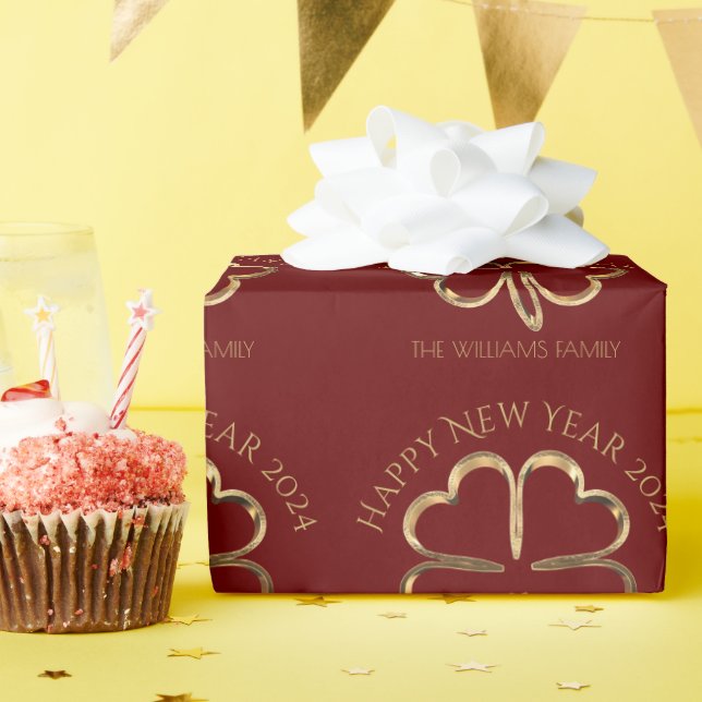 Papier Cadeau Bonne année 2024 ou votre texte Quatre feuilles Cl (Fête d'anniversaire)