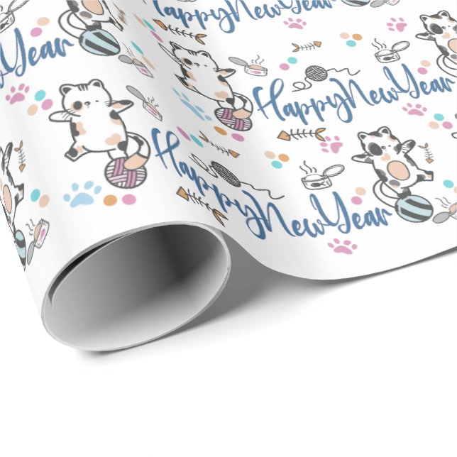 Papier Cadeau Bonne Année Entre Les Chatons Équilibré Sur Un Fil (Coin rond)