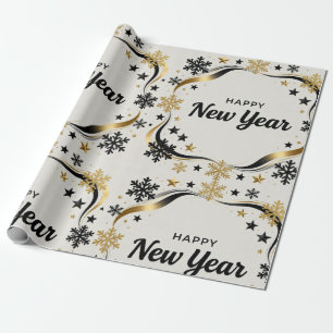 Papier Cadeau Bonne Année Flocon de neige noir et or 