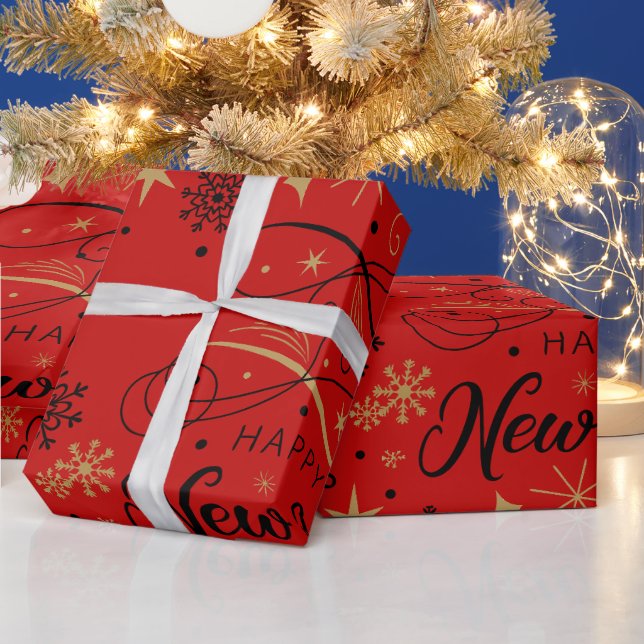 Papier Cadeau Bonne année flocon de neige noir et or (Vacances)