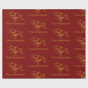Papier Cadeau Bonne année nom adresse rouge paillettes or