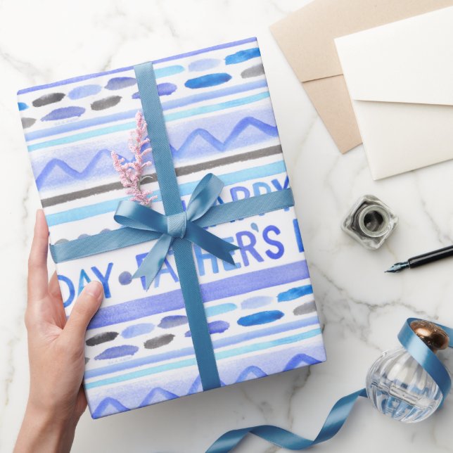 Papier Cadeau Bonne Fête des pères Bleu Aquarelle Bleu rayures (Cadeaux)