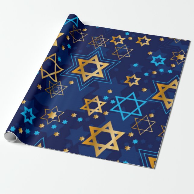 Papier Cadeau Bonne Hanoukka Blue Star de David Menorah (Déroulé)