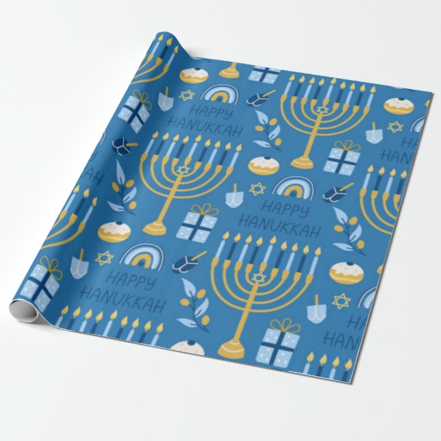 Papier Cadeau Bonne Hanoukka Blue Star de David Menorah (Déroulé)