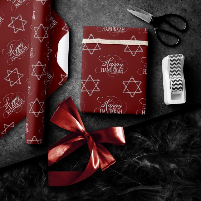 Papier Cadeau Bonne Hanoukka Star de David Classic Argent Rouge (Créateur téléchargé)