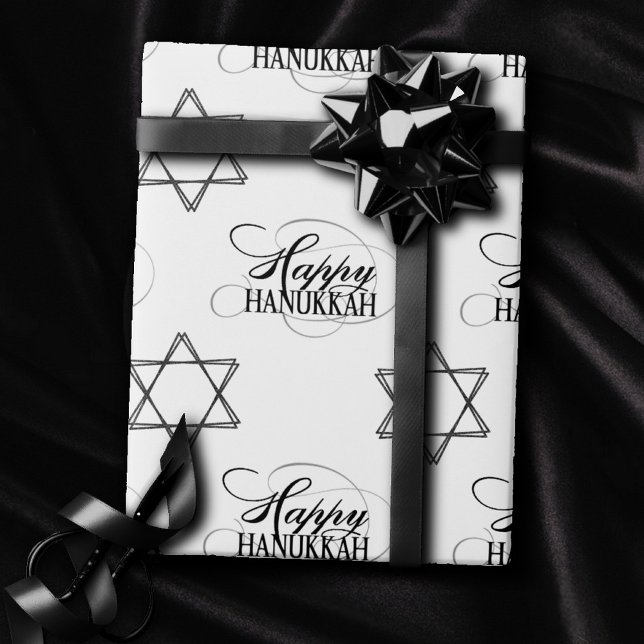 Papier Cadeau Bonne Hanoukka Star de David Classic noir blanc (Créateur téléchargé)