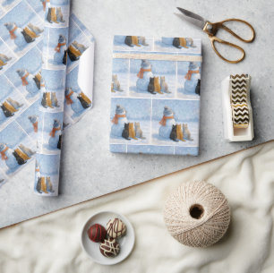 Papier Cadeau Bonshommes de neige et chats dans un champ enneigé