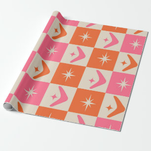 Papier Cadeau Boomerangs à carreaux milieu du siècle rose et ora