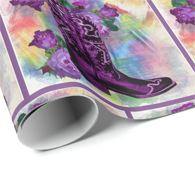 Papier Cadeau Boot Cowboy violet avec Rose sur aquarelle (Coin rond)