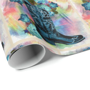 Papier Cadeau Boot De Cowboy Bleu Occidental Avec Roses En Coule